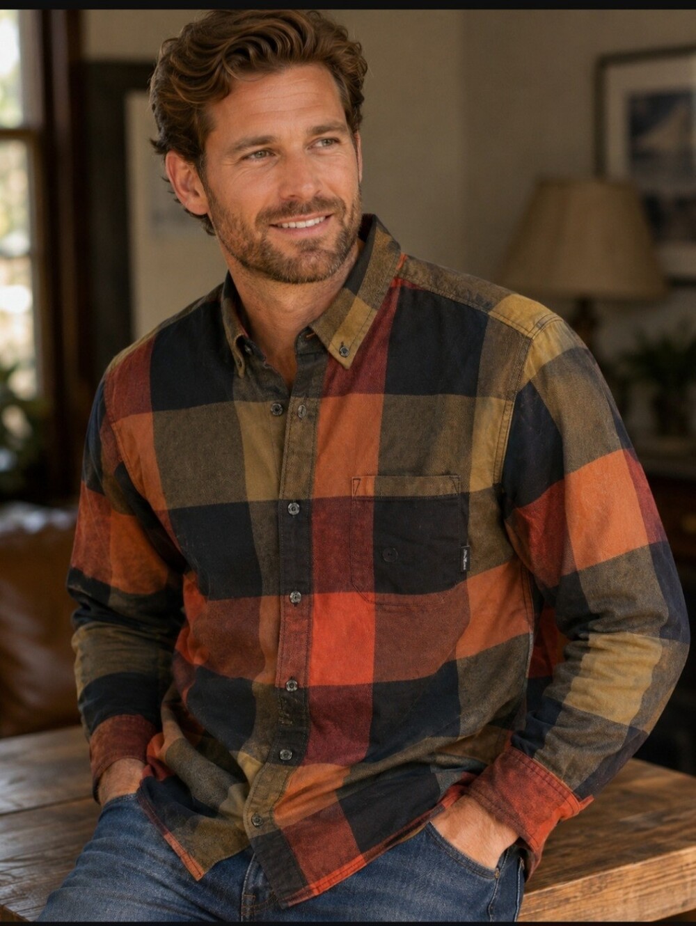 NWS Eddie Bauer Plaid Button-Down Shirt in Olive, Rust & Black!